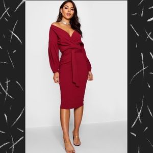 Boohoo | Off The Shoulder Wrap Midi Dress | Berry